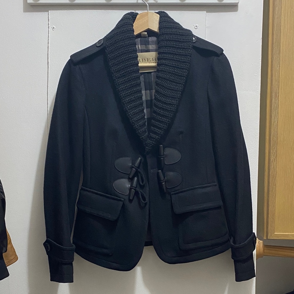Burberry Black Pea Coat with Shawl Collar